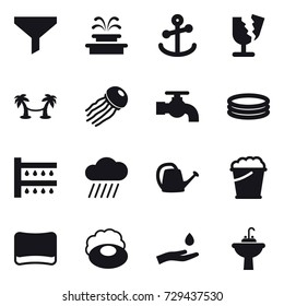 16 vector icon set : funnel, fountain, palm hammock, jellyfish, water tap, inflatable pool, watering, rain cloud, watering can, foam bucket, sponge, soap, hand and drop, water tap sink