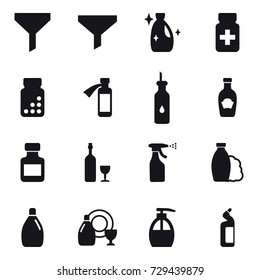 16 vector icon set : funnel, cleanser, pills bottle, wine, sprayer, shampoo, dish cleanser, liquid soap, toilet cleanser