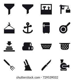 16 vector icon set : funnel, tools, fridge, pan, kolander, colander, big fork, knife holder, knife, water pump