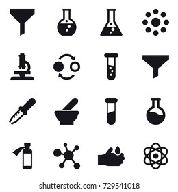 16 vector icon set : funnel, round flask, flask, round around, microscope, quantum bond, vial