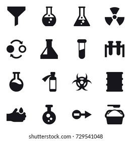 16 vector icon set : funnel, round flask, flask, nuclear, quantum bond, washing powder