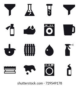 16 vector icon set : funnel, flask, vial, washing machine, cup, barrel, drop, sprayer, sponge, spot, toilet cleanser