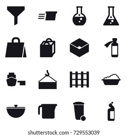 16 vector icon set : funnel, delivery, round flask, flask, shopping bag, box, washing, cauldron, measuring cup, trash bin, toilet cleanser