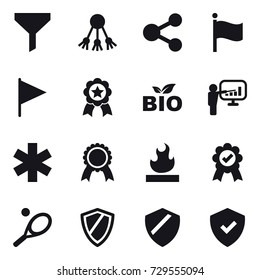 16 vector icon set : funnel, share, flag, medal, bio, presentation, tennis, shield