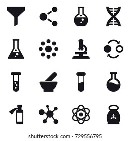 16 vector icon set : funnel, molecule, round flask, dna, flask, round around, microscope, quantum bond, vial, fertilizer - Shutterstock ID 729556795