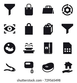 16 vector icon set : funnel, shopping bag, around gear, eye identity, fountain, fridge, walnut crack, housing