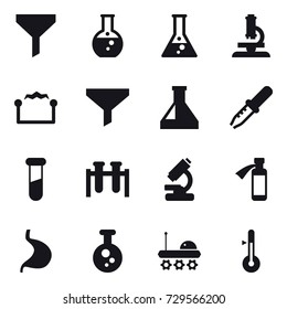 16 vector icon set : funnel, round flask, flask, microscope, electrostatic, thermometer
