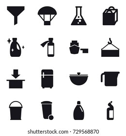 16 vector icon set : funnel, parachute, flask, shopping bag, cleanser, fridge, cauldron, measuring cup, bucket, trash bin, toilet cleanser