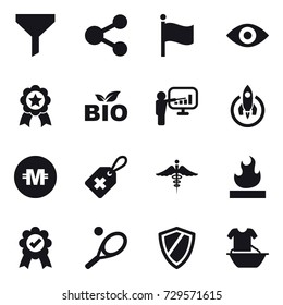 16 vector icon set : funnel, share, flag, eye, medal, bio, presentation, rocket, crypto currency, tennis, shield, handle washing