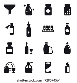 16 vector icon set : funnel, cleanser, pills bottle, wine, shampoo, dish cleanser, liquid soap, cleanser powder, toilet cleanser
