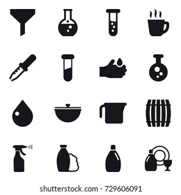 16 vector icon set : funnel, round flask, vial, hot drink, drop, cauldron, measuring cup, barrel, sprayer, shampoo, cleanser, dish cleanser