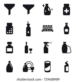 16 vector icon set : funnel, cleanser, pills bottle, wine, sprayer, shampoo, dish cleanser, cleanser powder, toilet cleanser