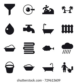 16 vector icon set : funnel, cell corection, surfer, palm hammock, drop, water tap, bath, radiator, washing, towels, rain cloud, bucket, foam basin, toilet cleaning