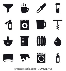 16 vector icon set : funnel, hot drink, washing machine, cup, corkscrew, measuring cup, barrel, drop, sponge, spot, toilet cleanser