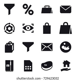 16 vector icon set : funnel, percent, shopping bag, mail, around gear, eye identity, fridge, housing