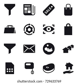 16 vector icon set : funnel, newspaper, sale, shopping bag, around gear, eye identity, mail, houses, housing