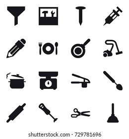 16 vector icon set : funnel, tools, nail, pencil, cafe, pan, vacuum cleaner, steam pan, kitchen scales, garlic clasp, big spoon, rolling pin, scissors, plunger