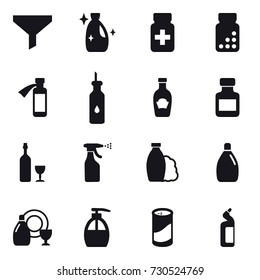 16 vector icon set : funnel, cleanser, pills bottle, wine, sprayer, shampoo, dish cleanser, liquid soap, cleanser powder, toilet cleanser