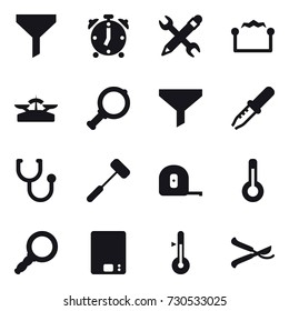 16 vector icon set : funnel, alarm clock, pencil wrench, electrostatic, scales, magnifier, measuring tape, thermometer, kitchen scales, pruner
