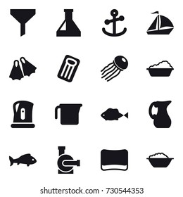 16 vector icon set : funnel, sail boat, flippers, inflatable mattress, jellyfish, washing, kettle, measuring cup, jug, fish, water pump, sponge, foam basin
