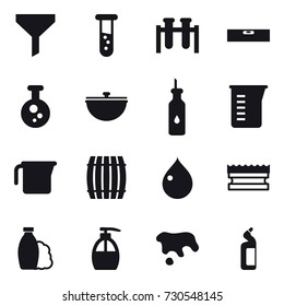16 vector icon set : funnel, vial, level, cauldron, measuring cup, barrel, drop, sponge, shampoo, liquid soap, spot, toilet cleanser