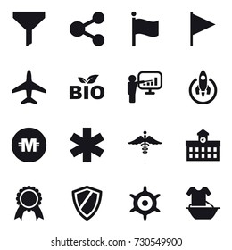 16 vector icon set : funnel, share, flag, plane, bio, presentation, rocket, crypto currency, university, medal, shield, handwheel, handle washing