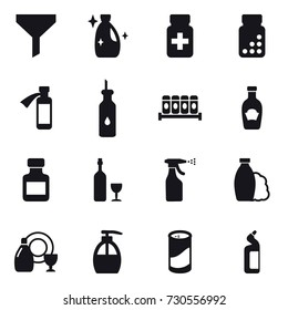 16 vector icon set : funnel, cleanser, pills bottle, wine, sprayer, shampoo, dish cleanser, liquid soap, cleanser powder, toilet cleanser