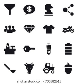 16 vector icon set : funnel, money message, chess horse, molecule, group, diamond, t-shirt, motorcycle, reception, key, ladle, cow, tractor, acorn