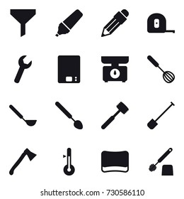 16 vector icon set : funnel, marker, pencil, measuring tape, kitchen scales, whisk, ladle, big spoon, meat hammer, shovel, axe, thermometer, sponge, toilet brush