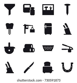 16 vector icon set : funnel, scales weight, tools, nail, fridge, stands for knives, kolander, garlic clasp, knife holder, knife, horseshoe