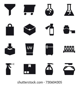 16 vector icon set : funnel, delivery, round flask, flask, shopping bag, box, uv cream, fridge, sprayer, package, liquid soap, washing powder