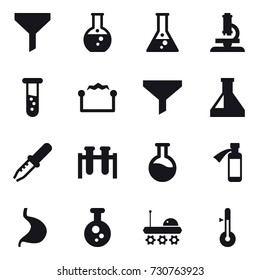 16 vector icon set : funnel, round flask, flask, microscope, vial, electrostatic, thermometer