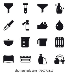 16 vector icon set : funnel, vial, cleanser, drop, cauldron, measuring cup, barrel, sponge, shampoo, dish cleanser