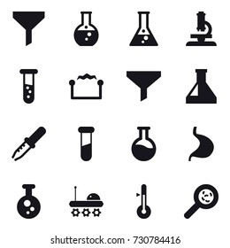 16 vector icon set : funnel, round flask, flask, microscope, vial, electrostatic, thermometer, viruses