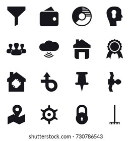 16 vector icon set : funnel, wallet, circle diagram, bulb head, group, cloud wireless, home, medal, smart house, handwheel, rake