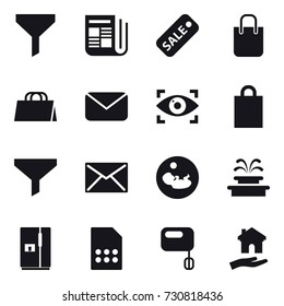 16 vector icon set : funnel, newspaper, sale, shopping bag, mail, eye identity, fountain, fridge, housing