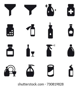 16 vector icon set : funnel, cleanser, pills bottle, wine, sprayer, dish cleanser, liquid soap, cleanser powder, toilet cleanser