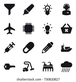 16 vector icon set : funnel, marker, bulb, call center, plane, chip, delete cart, pencil, key, vacuum cleaner, rain cloud