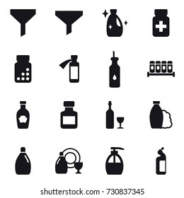 16 vector icon set : funnel, cleanser, pills bottle, wine, shampoo, dish cleanser, liquid soap, toilet cleanser