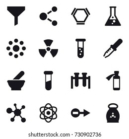 16 vector icon set : funnel, molecule, hex molecule, flask, round around, nuclear, vial, fertilizer