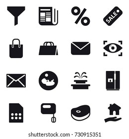 16 vector icon set : funnel, newspaper, percent, sale, shopping bag, mail, eye identity, fountain, fridge, housing