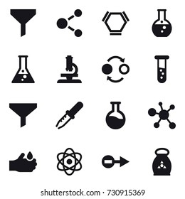 16 vector icon set : funnel, molecule, hex molecule, round flask, flask, microscope, quantum bond, vial, fertilizer