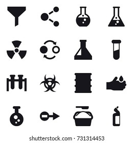 16 vector icon set : funnel, molecule, round flask, flask, nuclear, quantum bond, washing powder, toilet cleanser