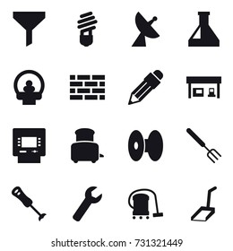 16 vector icon set : funnel, bulb, satellite antenna, brick wall, pencil, gas station, atm, toaster, big fork, wrench, vacuum cleaner, scoop