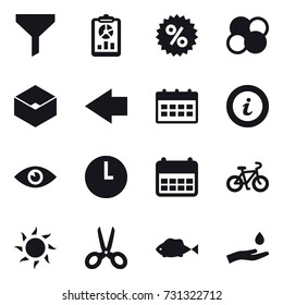 16 vector icon set : funnel, report, percent, atom core, box, left arrow, calendar, info, bike, sun, scissors, hand and drop