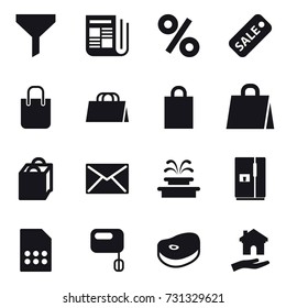 16 vector icon set : funnel, newspaper, percent, sale, shopping bag, mail, fountain, fridge, housing