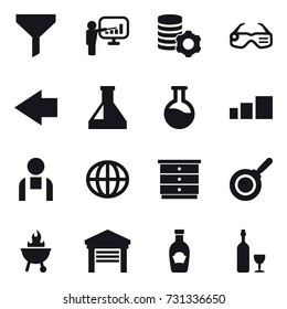 16 vector icon set : funnel, presentation, virtual mining, smart glasses, left arrow, globe, chest of drawers, pan, bbq, garage, wine
