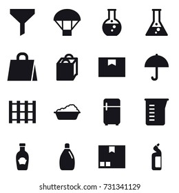 16 vector icon set : funnel, parachute, round flask, flask, shopping bag, washing, fridge, measuring cup, cleanser, package, toilet cleanser
