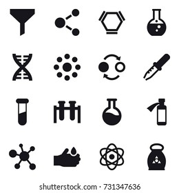 16 vector icon set : funnel, molecule, hex molecule, round flask, dna, round around, quantum bond, fertilizer