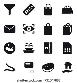 16 vector icon set : funnel, sale, shopping bag, mail, eye identity, fountain, fridge, walnut crack, housing
